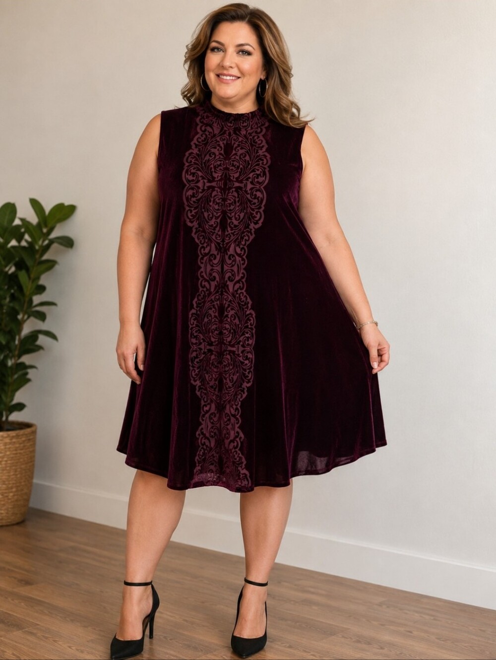 Sleeveless Velvet A-Line Dress in Deep Burgundy